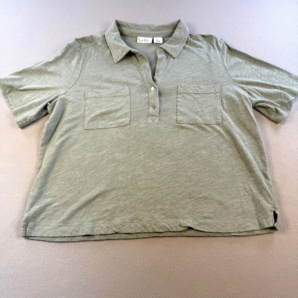 Nicole Miller Short Sleeve Polo Top Womens Linen Blend Sage Green Large